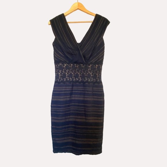 Tadashi Shoji Navy Chiffon Pleated V-Neck Sheath Dress Size 8 Style‎ OC353M - Picture 4 of 11